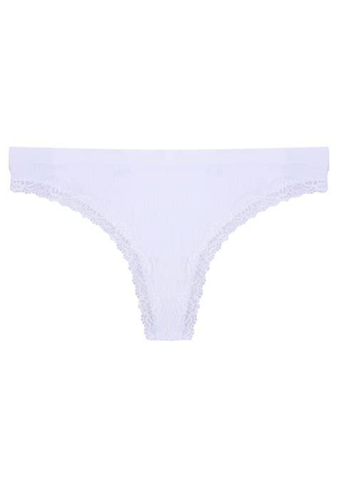 Womens White Rib Lace Seam Free Thong Peacocks