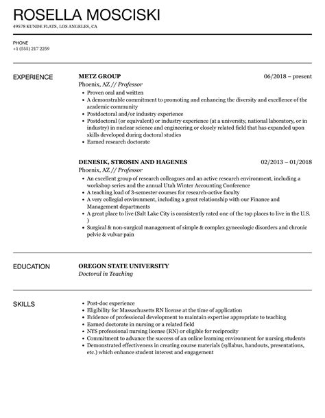 Professor Resume Samples Velvet Jobs