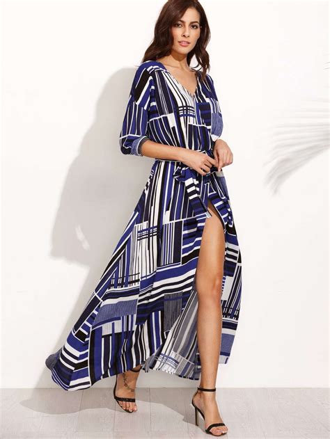 Multicolor Print V Neck Tie Waist Maxi Dress SheIn Sheinside