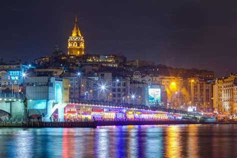 Night View Of Galata Bridge And Tower Istanbul Turkey Editorial Photo