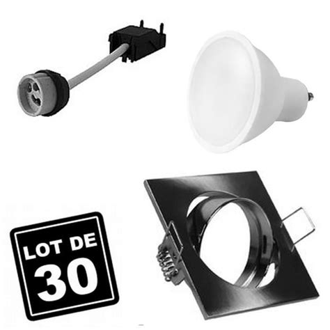 30 Spots carré encastrable orientable Alu brossé avec GU10 LED de 7W