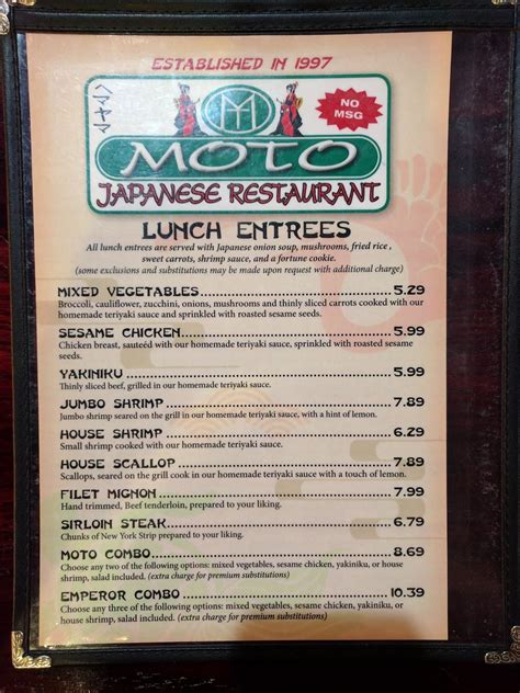 Menu At Moto Japanese Restaurant Stone Drive Kingsport E Stone Dr