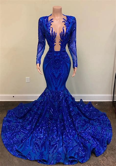 Royal Blue Long Sleeve Sequin Prom Dress Prom Dresses 2021 Luxury