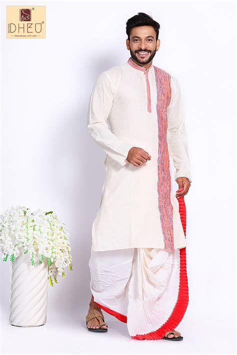 White Kurta With Khes Border Dhoti Kurta Full Set Dheu