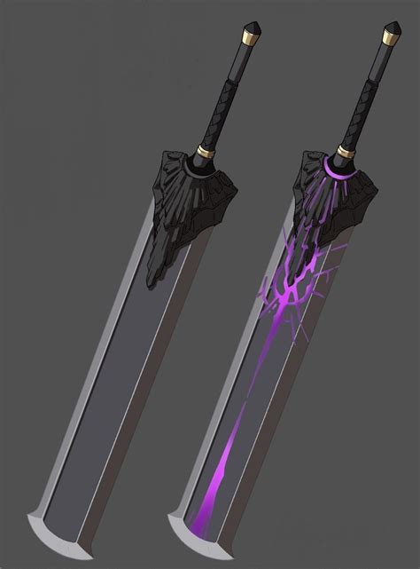 Two Swords With Purple Lights On Them One Is Black And The Other Is Silver