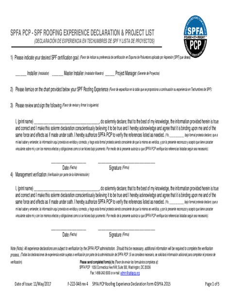 Fillable Online F 222 048 Rev 4 SPFA PCP Roofing Experience Declaration