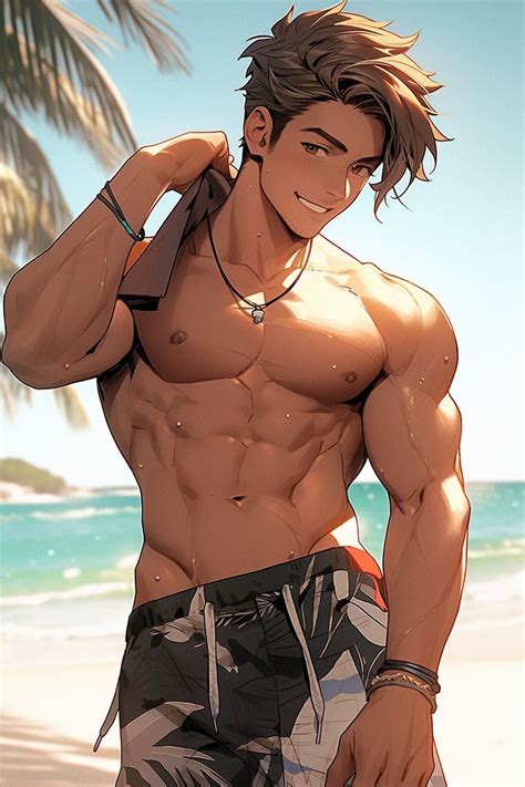 A Man Standing On Top Of A Sandy Beach Next To The Ocean With His Shirt Off