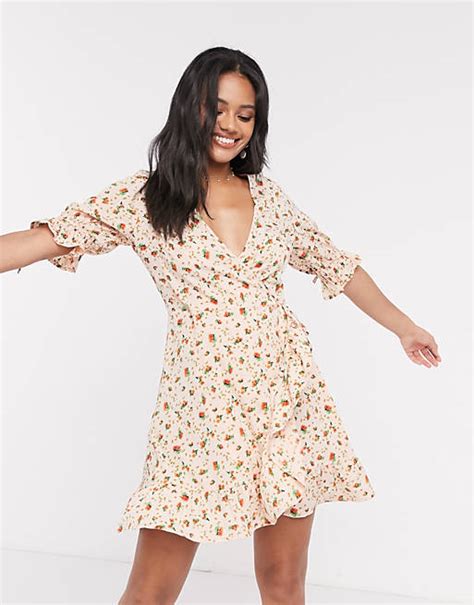 Wednesdays Girl Mini Wrap Dress With Tie Sleeves In Ditsy Floral Asos