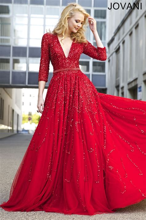 Jovani 21466 Red Vibrant Long Sleeves Open Back Ballgown Red A Line