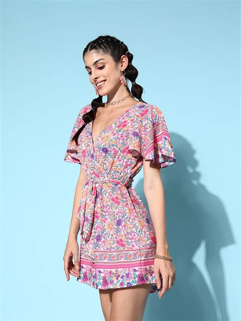 Women Pink And Purple Floral Printed V Neck Flutter Sleeves Waist Tie Up Wrap Mini Playsuit