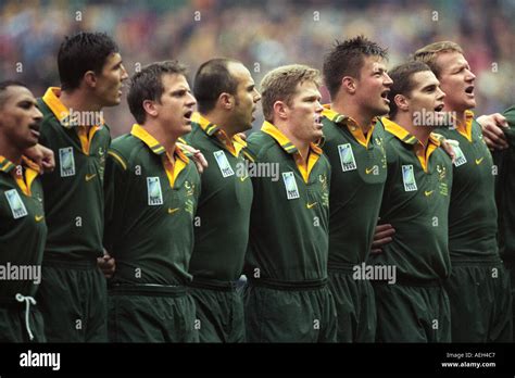 South African rugby team singing their national anthem before an international match at ...