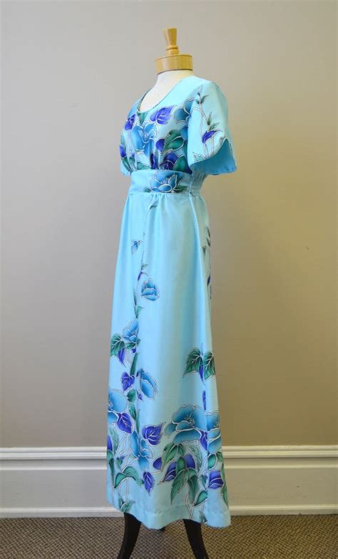 1960s Hilo Hatties Blue Floral Hawaiian Maxi Dress Gem