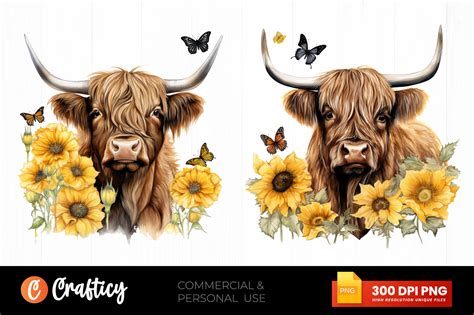 Watercolor Sunflower Highland Cows Clipa Graphic By Graftify · Creative