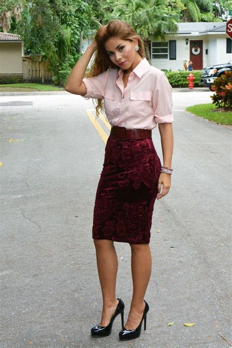 Burgundy Velvet Belted Pencil Skirt Pink Blouse And Black High Heels