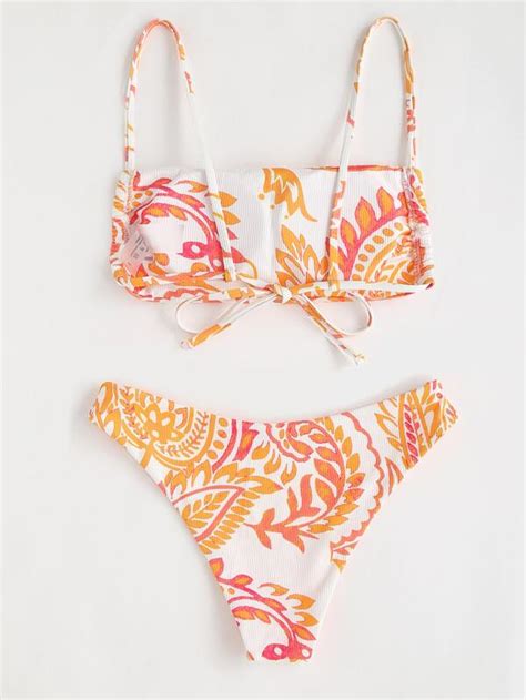 Shein Swim Bohofeel Conjunto De Bikini Con Estampado De Plantas