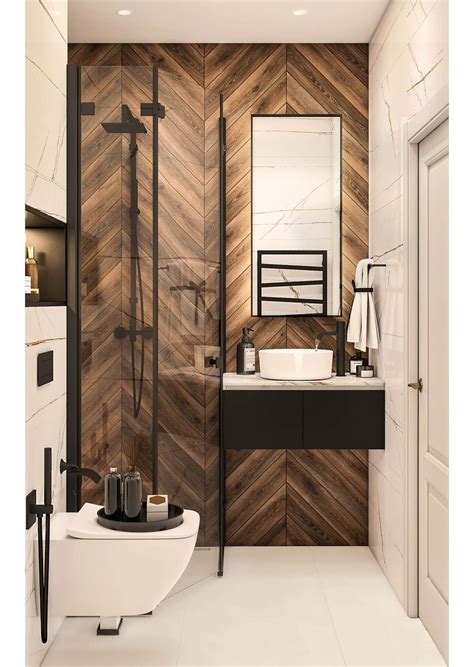 A Modern Bathroom With Wood Paneling On The Walls