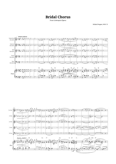 Bridal Chorus By Wagner For Recorder Quintet And Piano With Chords Arr