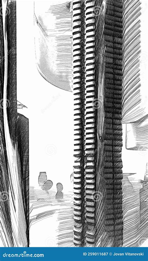 Drawings Sketch Of Futuristic City Skyscrapers Stock Illustration