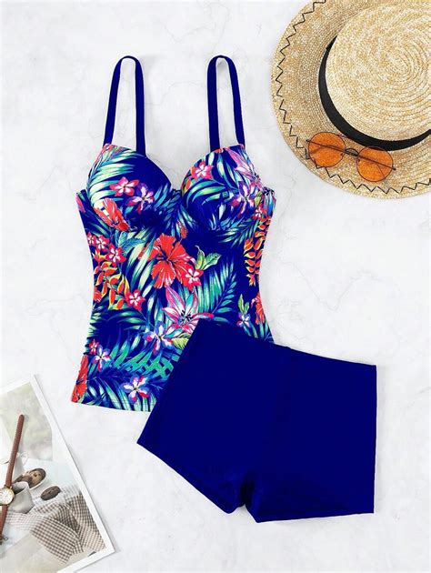 Shein Swim Lushore Summer Beach Tropical Print Push Up Shorts Bikini