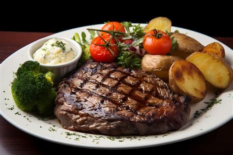 Premium Ai Image A Grilled Rib Eye Steak With Baked Potato And Mixed Vegetables