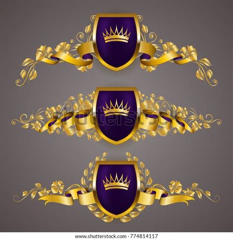 Set Golden Royal Shields Floral Elements Stock Vector Royalty Free