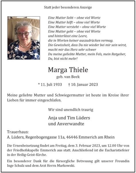 Traueranzeigen Von Marga Thiele Trauer In NRW De