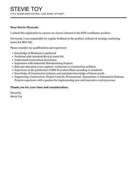 Bim Coordinator Cover Letter Velvet Jobs