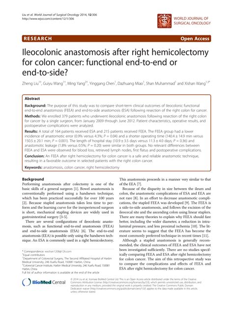 PDF Ileocolonic Anastomosis After Right Hemicolectomy For Colon