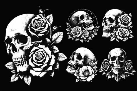 Premium Vector Set Dark Art Skull Roses Flower Death Horror Grunge