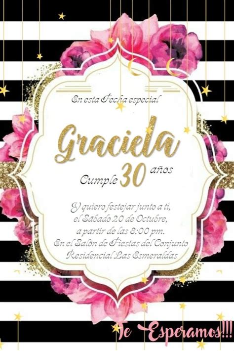 Tarjeta de Invitación 30 años Franjas y Dorado con flores para