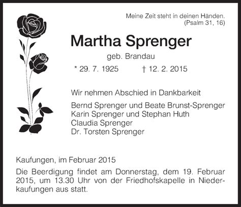 Traueranzeigen Von Martha Sprenger Trauer HNA De