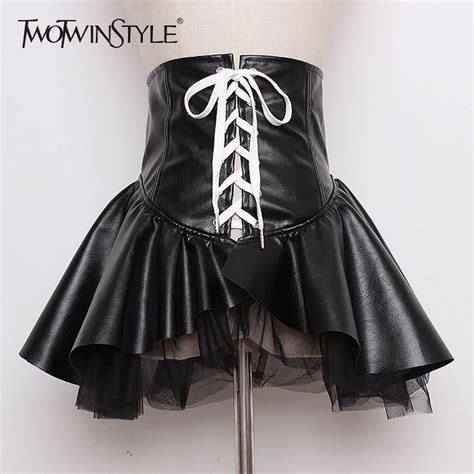 Twotwinstyle Pu Leather Female Belt Zipper High Waist Lace Up Patchwork