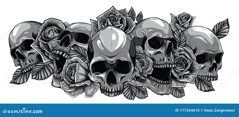 Monochromatic Human Skulls With Roses On White Background Stock Vector