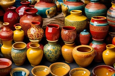 Colorful Pottery On Display At A Market AI Generated 30893359 Stock