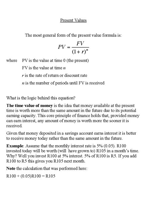 Present Value Explanation Present Values The Most General Form Of The Present Value Formula Is