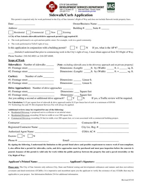 City Of San Antonio Texas Sidewalk Curb Application Fill Out Sign