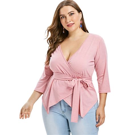 Langtstar Plus Size Women T Shirts Low Cut Top With Tie Belt Surplice