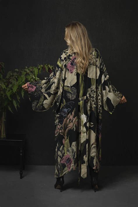 One Hundred Stars Luxe Iris Black Long Crepe Kimono Armed Gorgeous