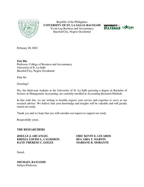 Request Letter For Research Adviser Republic Of The Philippines