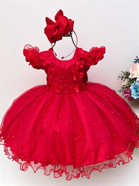 Vestido Infantil Vermelho Aplique Borboletas Pérolas Luxo Rosa