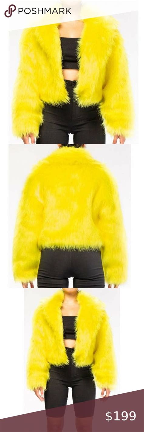 Stasia Snapped Yellow Fuzzy Faux Fur Cropped Jacket Faux Fur Cropped