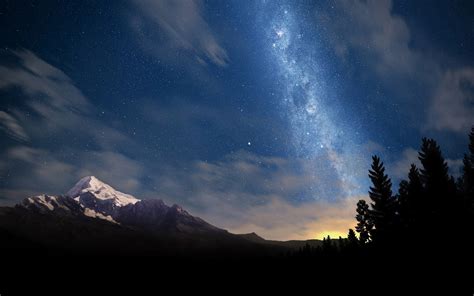 Landscape Forest Mountains Night Galaxy Nature Long Exposure