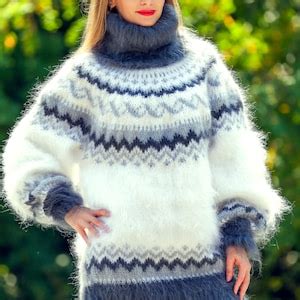 Icelandic Turtleneck Mohair Sweater Hand Knitted Fuzzy Mohair Pullover