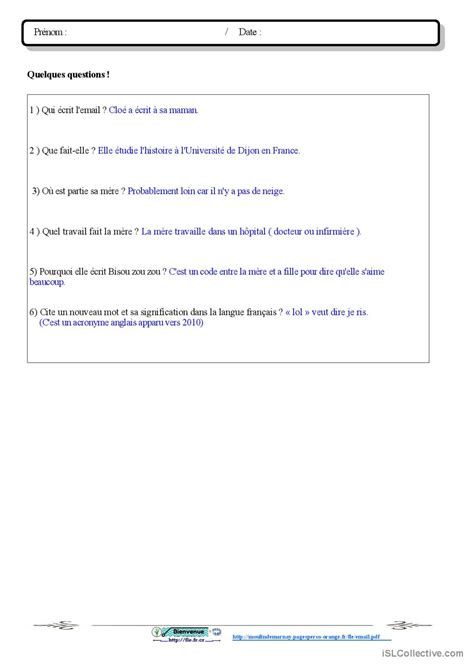 Email compréhension générale de l…: Français FLE fiches pedagogiques