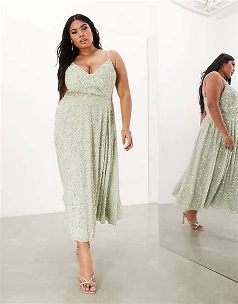 Asos Edition Curve Embellished Cami Midi Dress In Sage Green Asos