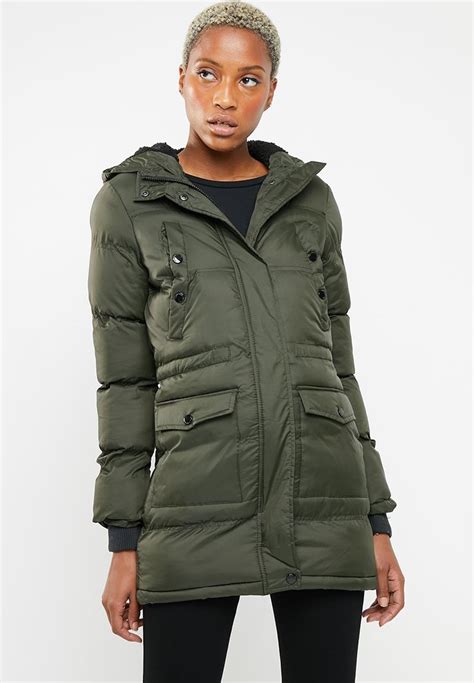 Padded Parka With Lined Hood And Ribbed Cuffs Khaki Brave Soul Coats