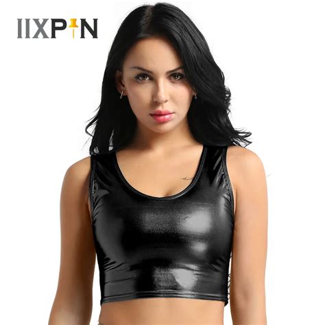 IIXPIN Sexy Womens Shiny Crop Top Pole Dance Clubwear Metallic Scoop