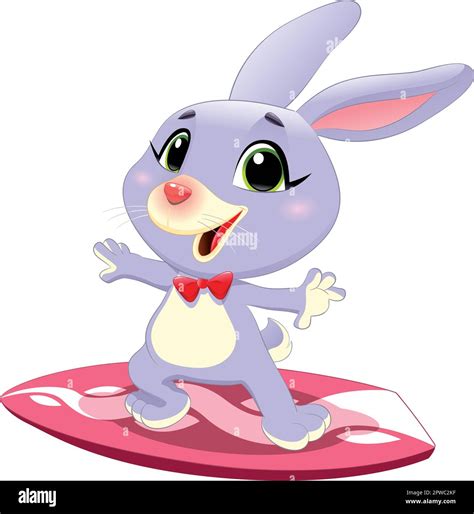 Bunny Rabbit With Surf Funny Cartoon And Vector Sporty Character Stock