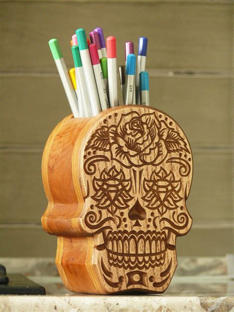 Skull Pencil Holder Pen Organizer Sugar Skull Wood Holder Etsy