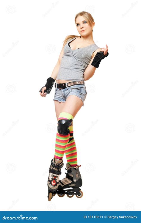 Belle Jeune Blonde Sur Des Patins De Rouleau Image Stock Image Du Jeans Danseur